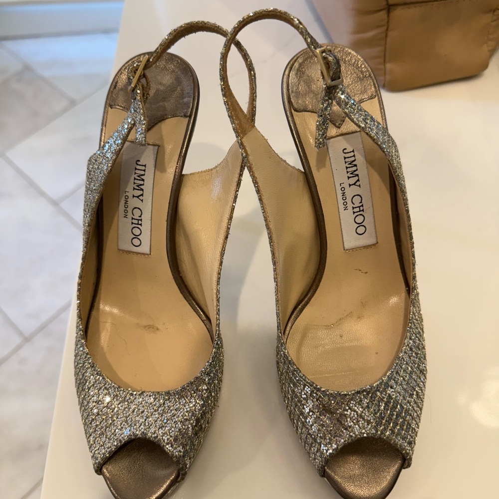 Jimmy Choo silver Gold cosmo glitter Peep-Toe Slingback Heels